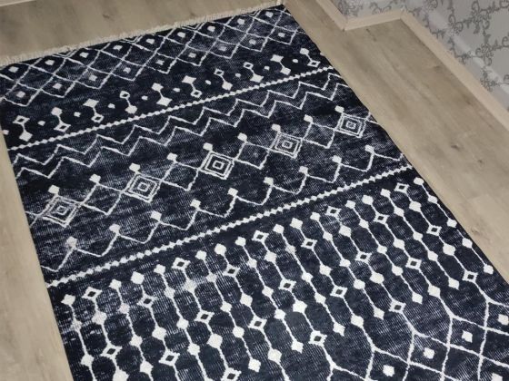 Latex Kaymaz Taban Dijital Baskı Kadife Halı Emma Siyah-Beyaz 180x280 cm - Çeyiz Diyarı