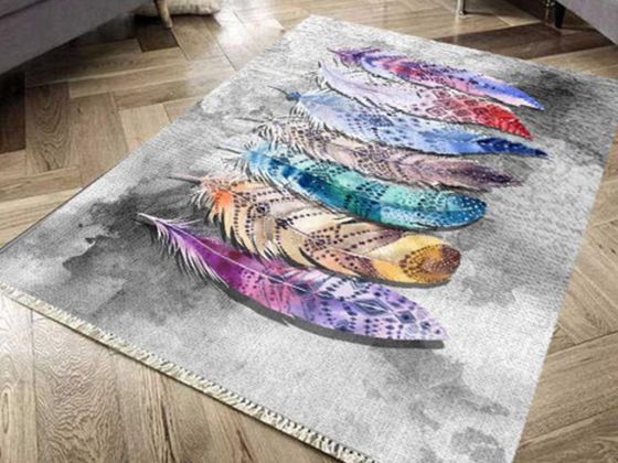 Latex Kaymaz Taban Dijital Baskı Kadife Halı Feather Renkli 100x200 cm - Çeyiz Diyarı