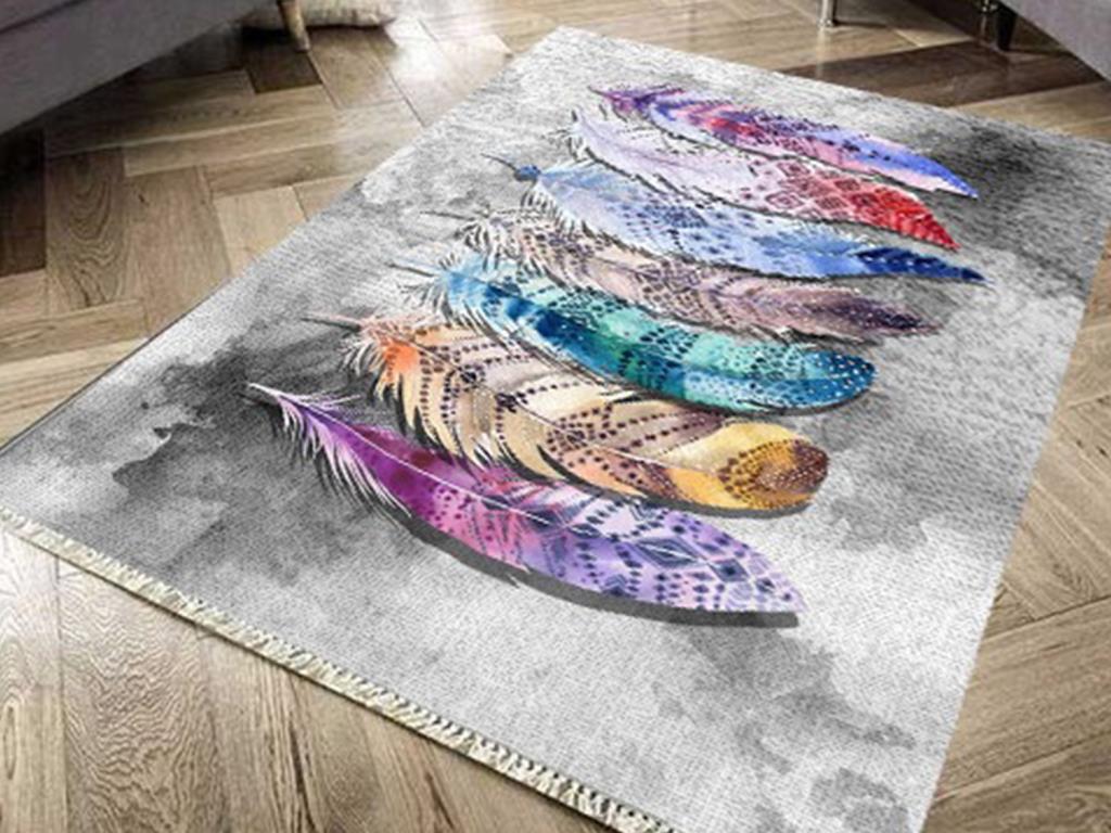 Latex Kaymaz Taban Dijital Baskı Kadife Halı Feather Renkli 100x300 cm - 1