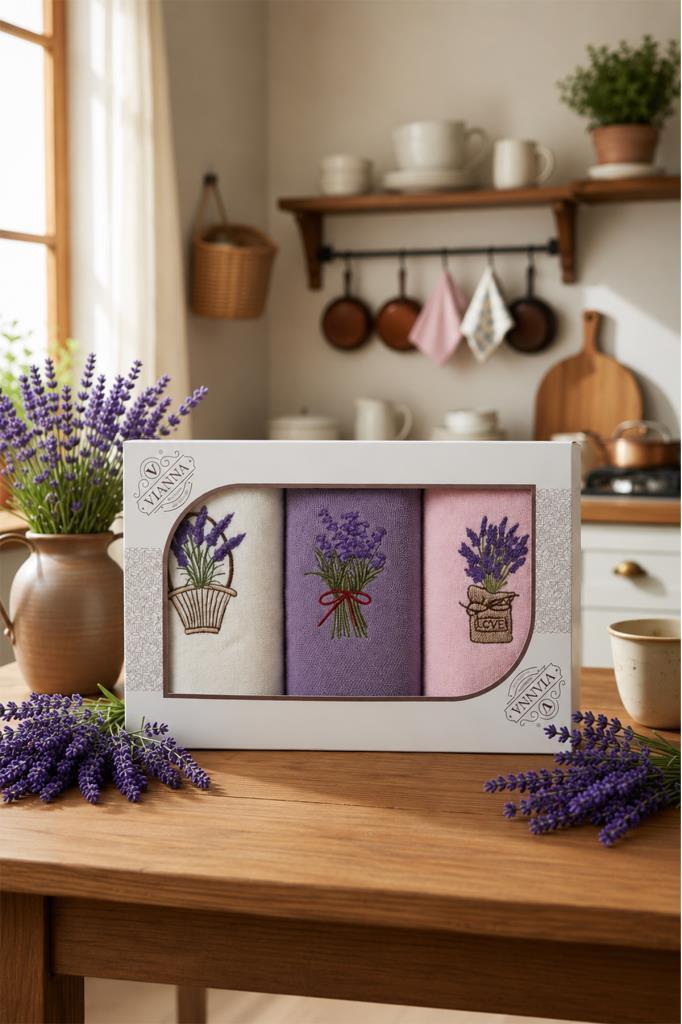 Lavender Nakışlı 3lü Mutfak Havlu Takımı 30x50 Cm - 1