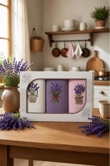 Lavender Nakışlı 3lü Mutfak Havlu Takımı 30x50 Cm - Çeyiz Diyarı