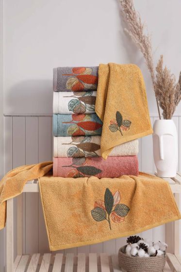 Leaf Nakışlı Çeyizlik 6lı Bambu El Yüz Havlusu 50x90 Cm - Çeyiz Diyarı