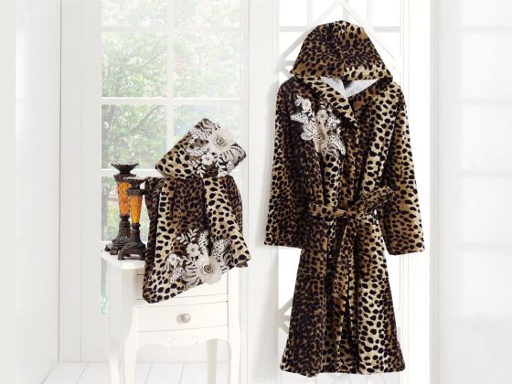 Leopar Desenli Kapşonlu Bornoz Seti 3 Parça - Çeyiz Diyarı