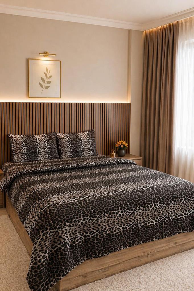 Leopar Desenli Lastikli Çarşaflı Çift Kişilik Nevresim Takımı - 1