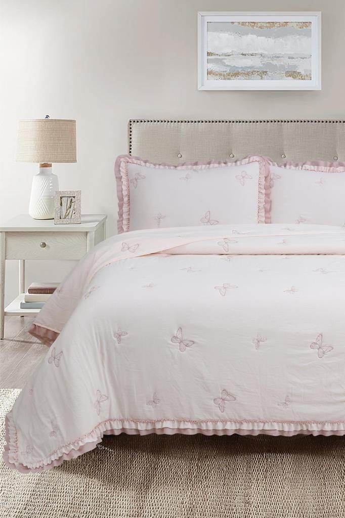 Likya Elyaf Dolgulu Çift Kişilik 240x260 Cm Yatak Örtüsü Pudra - 1