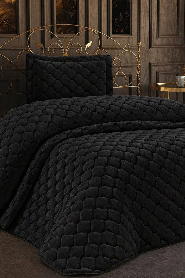 Lima Kadife Dolgulu Tek Kişilik Yatak Örtüsü Siyah - Çeyiz Diyarı