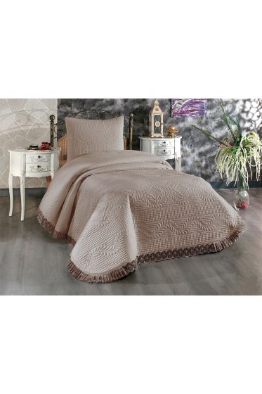 Limena Dantelli Kapitoneli Tek Kişilik Yatak Örtüsü Açık Cappucino - Çeyiz Diyarı (1)