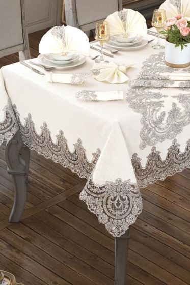 Lisa Masa Örtüsü Takımı 18 Parça Krem Silver - Çeyiz Diyarı