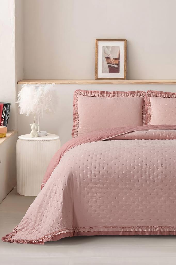 Lisbon Elyaf Dolgulu Çift Kişilik 240x260 Cm Yatak Örtüsü Pudra - 1