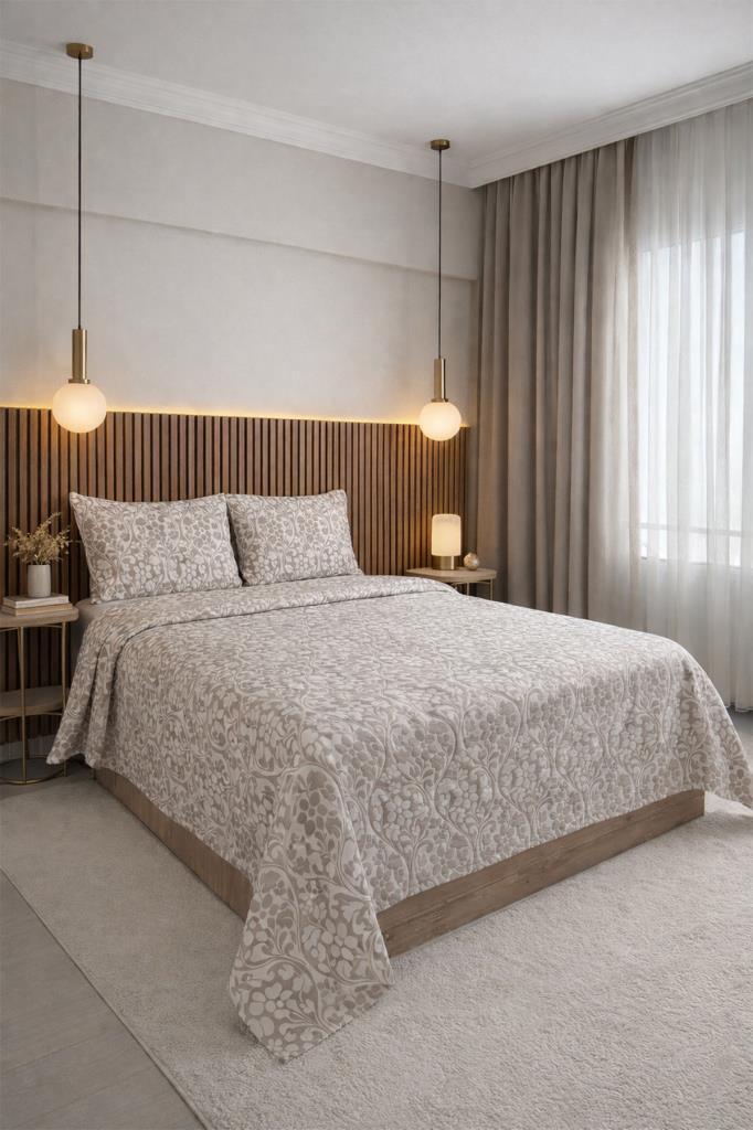 Liva 3 Parça Çift Kişilik Yatak Örtüsü 235x245 cm Bej - 1