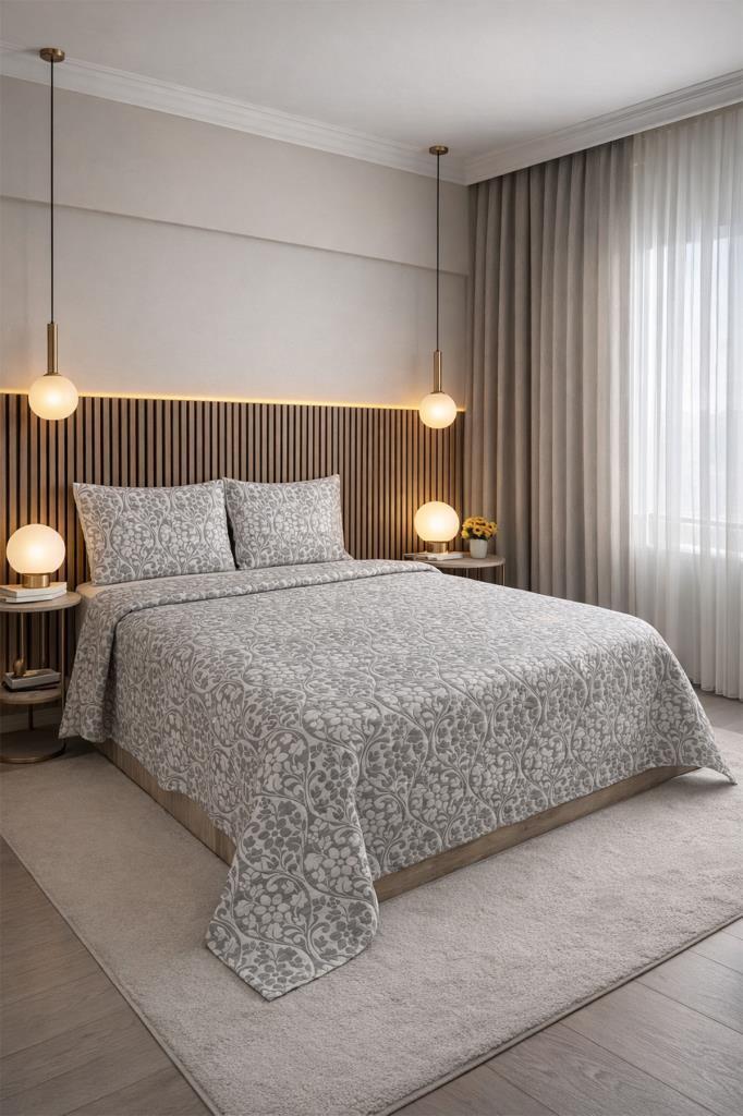 Liva 3 Parça Çift Kişilik Yatak Örtüsü 235x245 cm Gri - 1