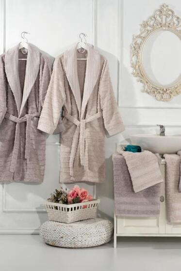 Lola 6 Parça Aile Bornoz Takımı Cappucino - Gri - Çeyiz Diyarı