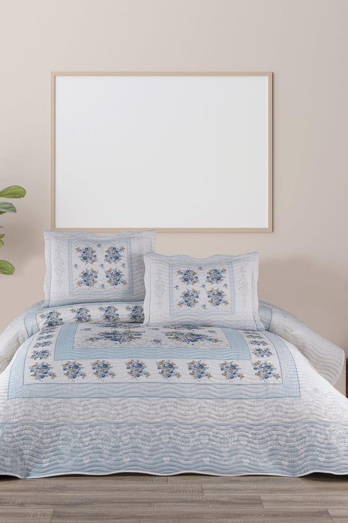Lumora Baskılı Kapitoneli Çift Kişilik Yatak Örtüsü Açık Mavi - 1
