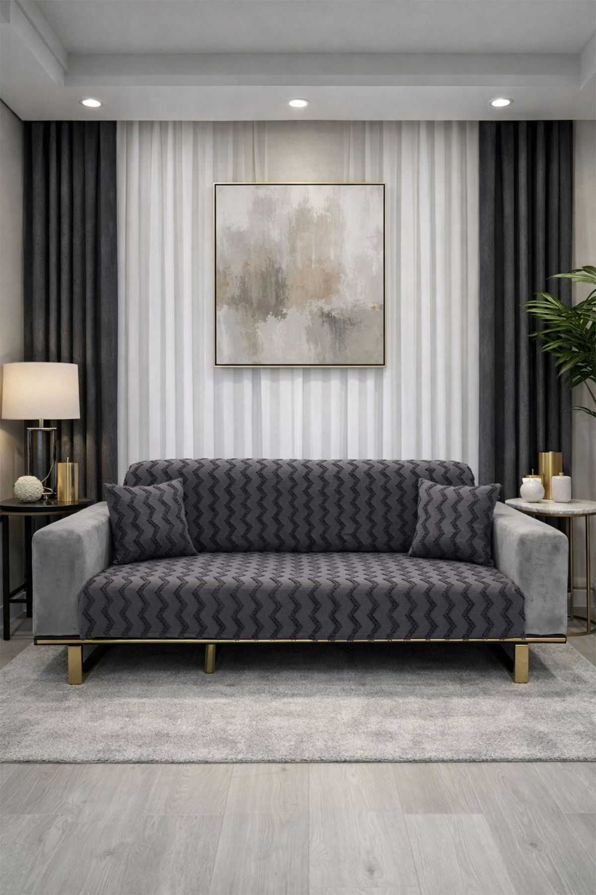 Lumpa Kırlent Kılıfı Hediyeli 170x210 cm Pamuklu Koltuk Örtüsü Antrasit - 1