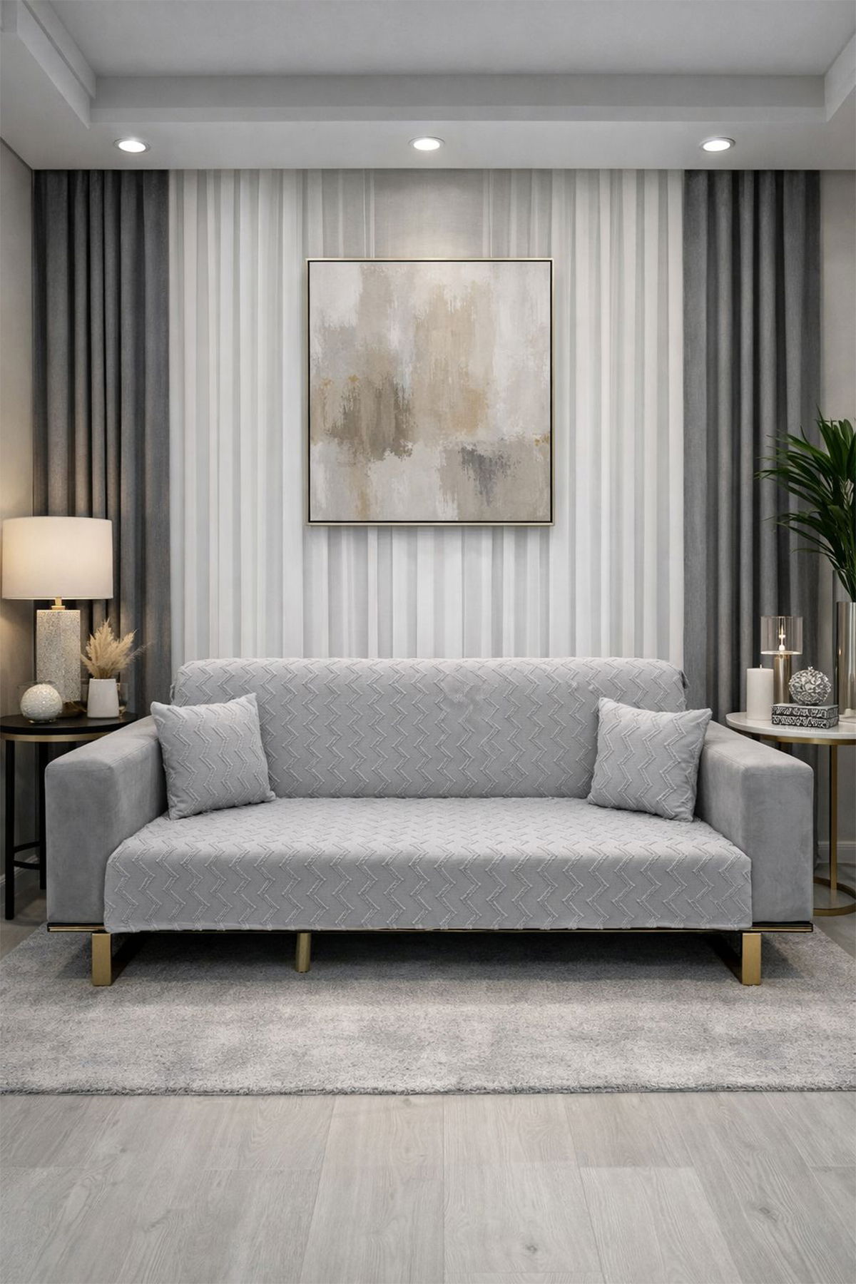 Lumpa Kırlent Kılıfı Hediyeli 170x210 cm Pamuklu Koltuk Örtüsü Gri - 1