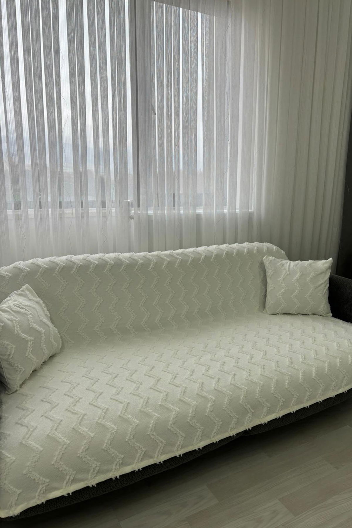 Lumpa Kırlent Kılıfı Hediyeli 170x210 cm Pamuklu Koltuk Örtüsü Krem - 2