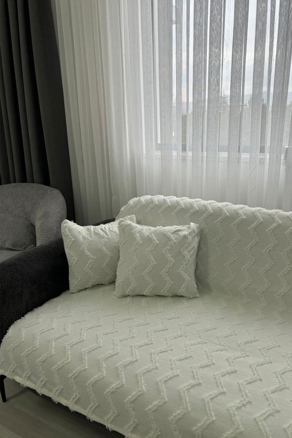 Lumpa Kırlent Kılıfı Hediyeli 170x210 cm Pamuklu Koltuk Örtüsü Krem - 3