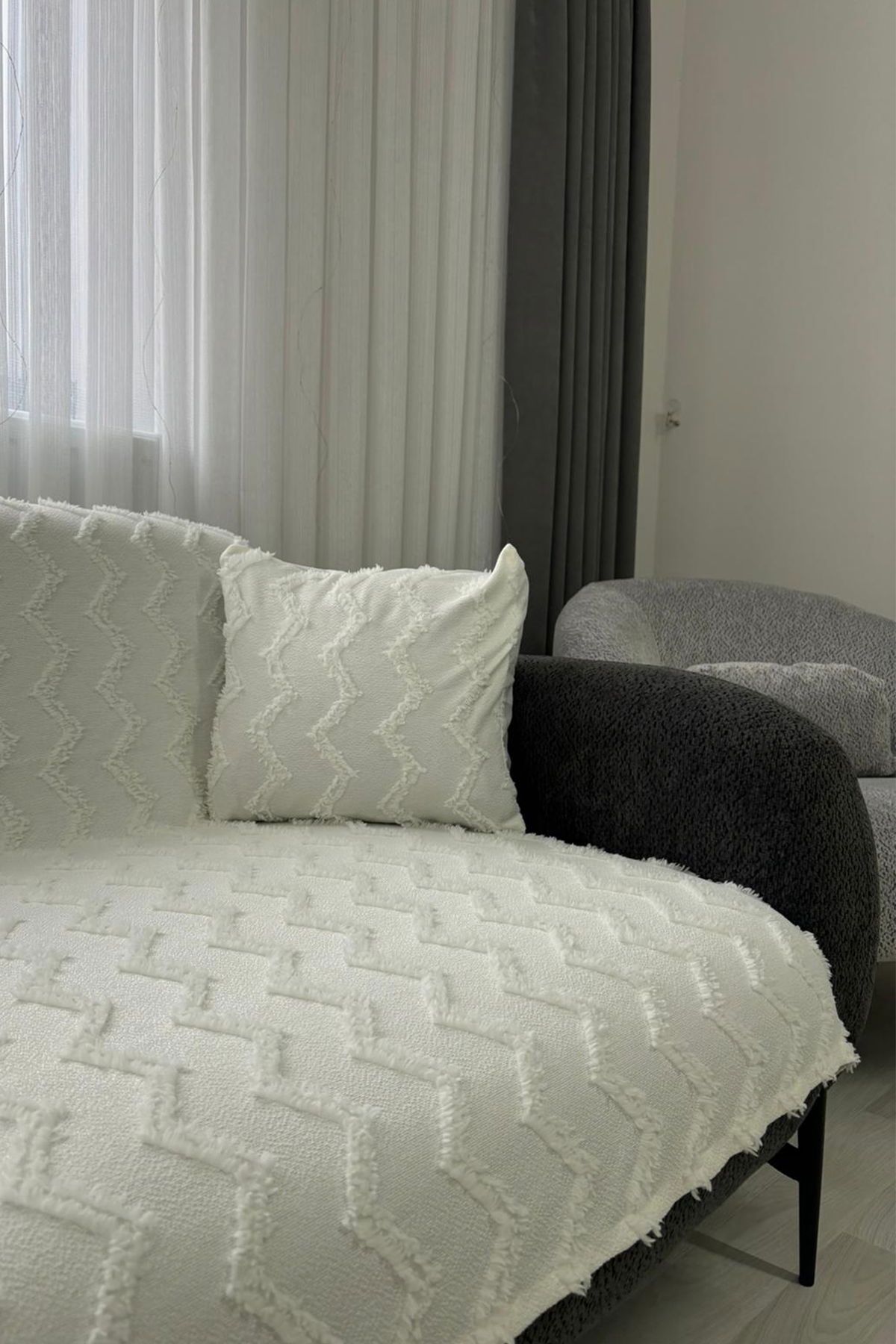 Lumpa Kırlent Kılıfı Hediyeli 170x210 cm Pamuklu Koltuk Örtüsü Krem - 4