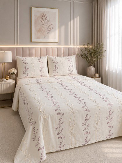Luna Rose Nakışlı Şönil 3 Parça Çift Kişilik Yatak Örtüsü Krem Pudra - Çeyiz Diyarı