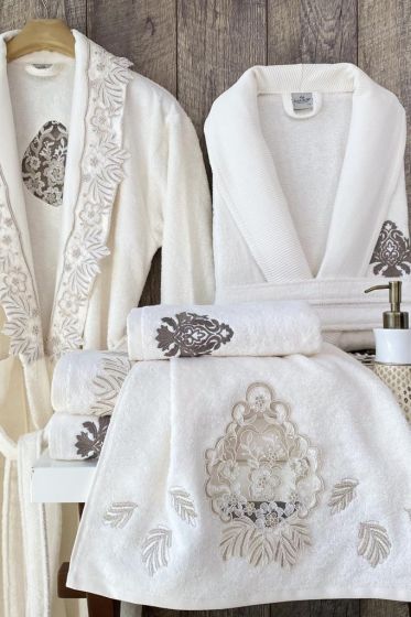 Lunetta Dantelli 6 Parça Bambu Bornoz Takımı Krem Beyaz - Çeyiz Diyarı