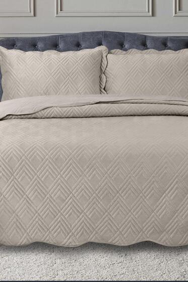 Lydia Çift Kişilik Lüks Kadife Yatak Örtüsü Bej - Çeyiz Diyarı