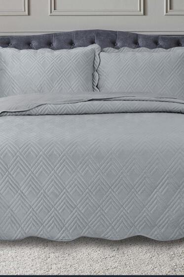 Lydia Çift Kişilik Lüks Kadife Yatak Örtüsü Gri - Çeyiz Diyarı