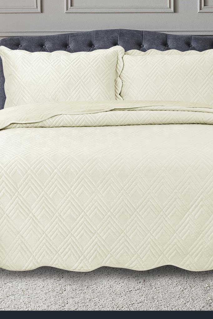 Lydia Çift Kişilik Lüks Kadife Yatak Örtüsü Krem - 1