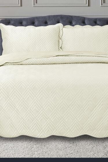 Lydia Çift Kişilik Lüks Kadife Yatak Örtüsü Krem - Çeyiz Diyarı