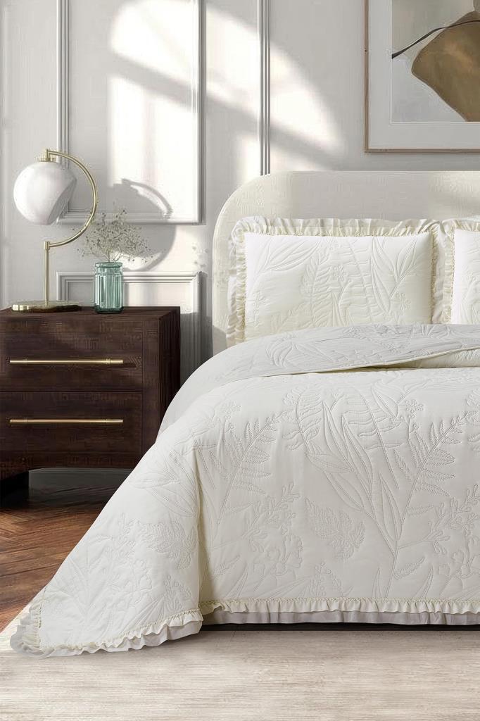 Madrid Elyaf Dolgulu Çift Kişilik 240x260 Cm Yatak Örtüsü Krem - 1