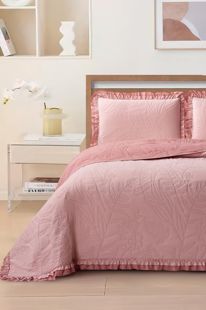 Madrid Elyaf Dolgulu Çift Kişilik 240x260 Cm Yatak Örtüsü Pudra - 1