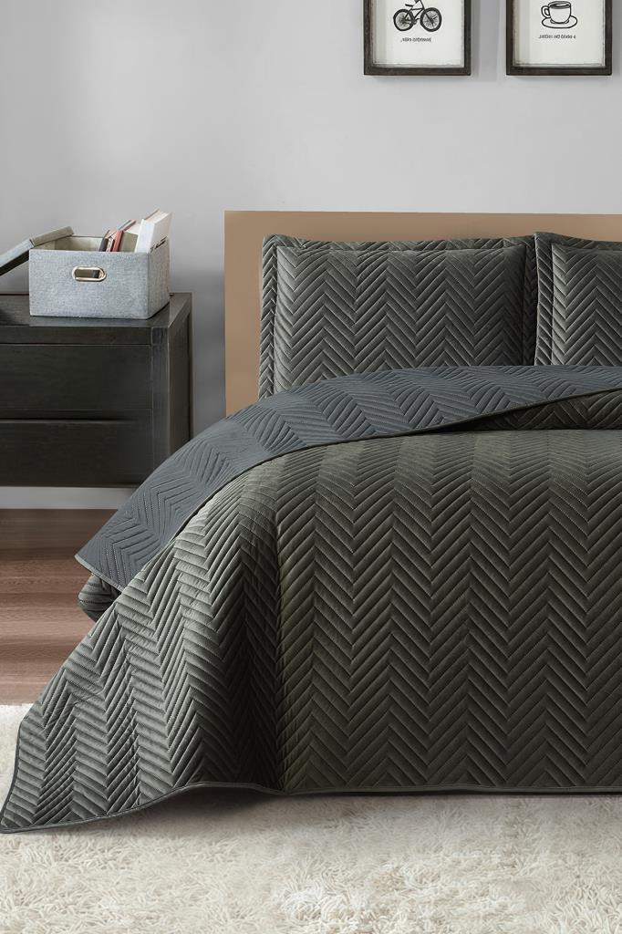Malta Çift Kişilik Lüks Kadife 240x260 cm Yatak Örtüsü Antrasit - 1