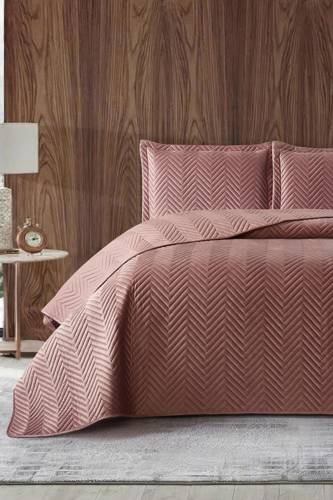 Malta Çift Kişilik Lüks Kadife 240x260 cm Yatak Örtüsü Gül Kurusu - 1