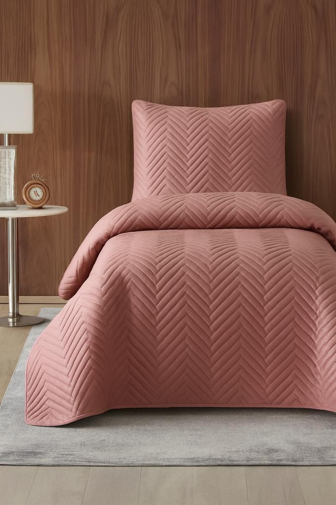 Malta Tek Kişilik Lüks Kadife 180x240 cm Yatak Örtüsü Gül Kurusu - 1