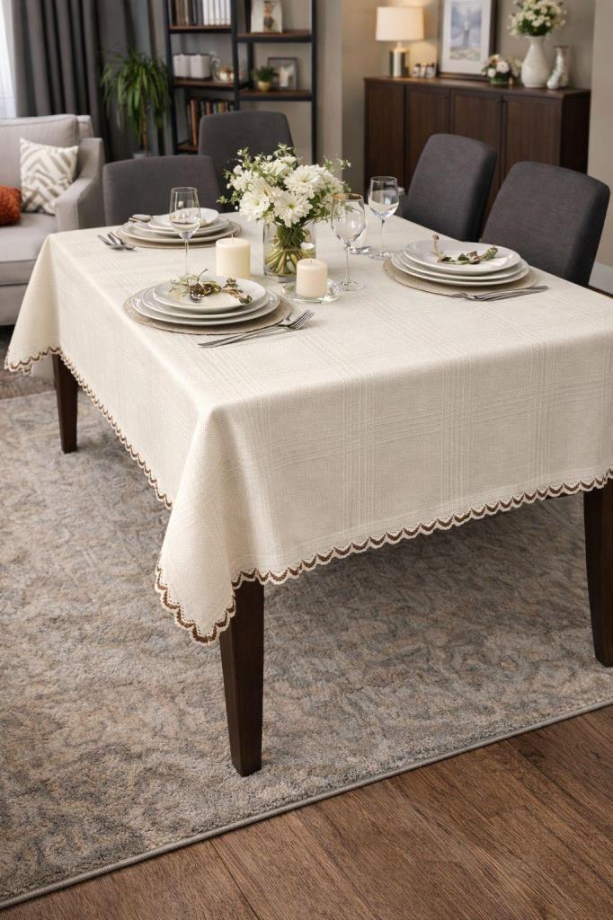 Matmazel Jakarlı 150x200 Cm Dikdörtgen Masa Örtüsü Krem - 1