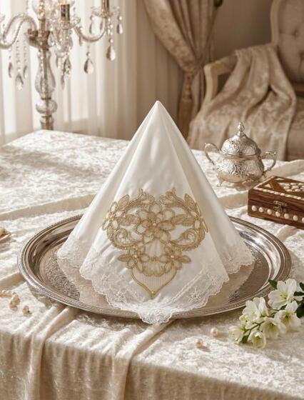 Mefaret Köşesi Dantelli Bohça 85x85 cm Krem Gold - Çeyiz Diyarı
