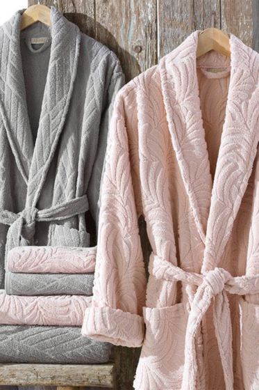 Melanie Jakarlı Pamuklu Bornoz Seti Pembe Gri - Dantela