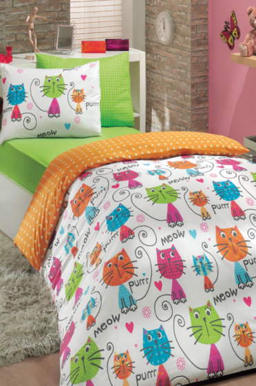 Meow Tek Kişilik Nevresim Takımı Oranj - Hobby