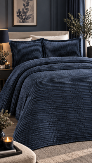 Merinos Modern Line Çift Kişilik Battaniye Seti Lacivert - Çeyiz Diyarı