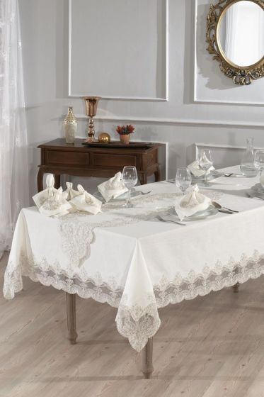 Midye Masa Örtüsü Takımı 18 Parça Krem - Çeyiz Diyarı
