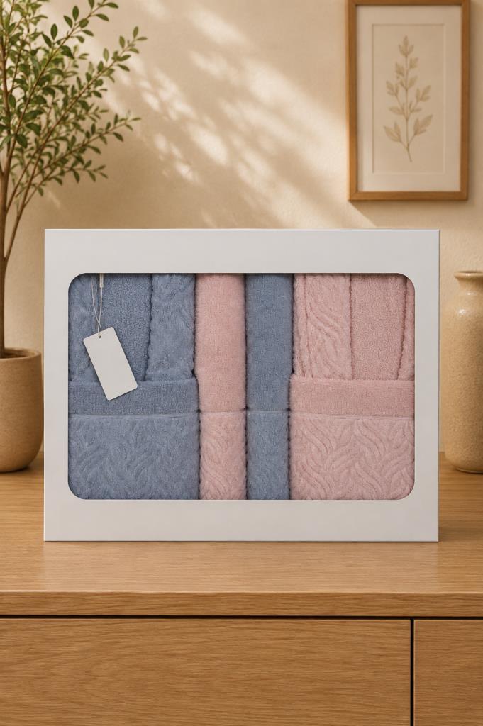 Mila %100 Pamuk 6 Parça Aile Bornoz Takımı Gri - Açık Pudra - 2