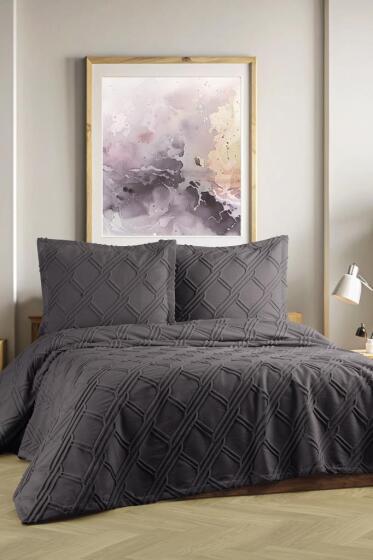 Mila Çift Kişilik Şönil Desenli 240x260 cm Pike Takımı Antrasit - Çeyiz Diyarı