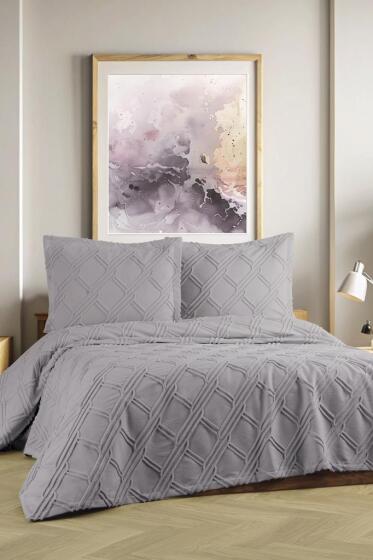 Mila Çift Kişilik Şönil Desenli 240x260 cm Pike Takımı Gri - Çeyiz Diyarı