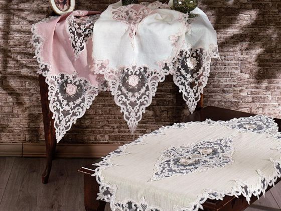 Mina Keten Salon Takımı 5 Parça Pudra - Çeyiz Diyarı