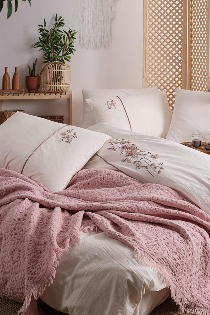 Mira 6 Parça %100 Pamuk Çift Kişilik Nevresim Takımı Pudra - 1