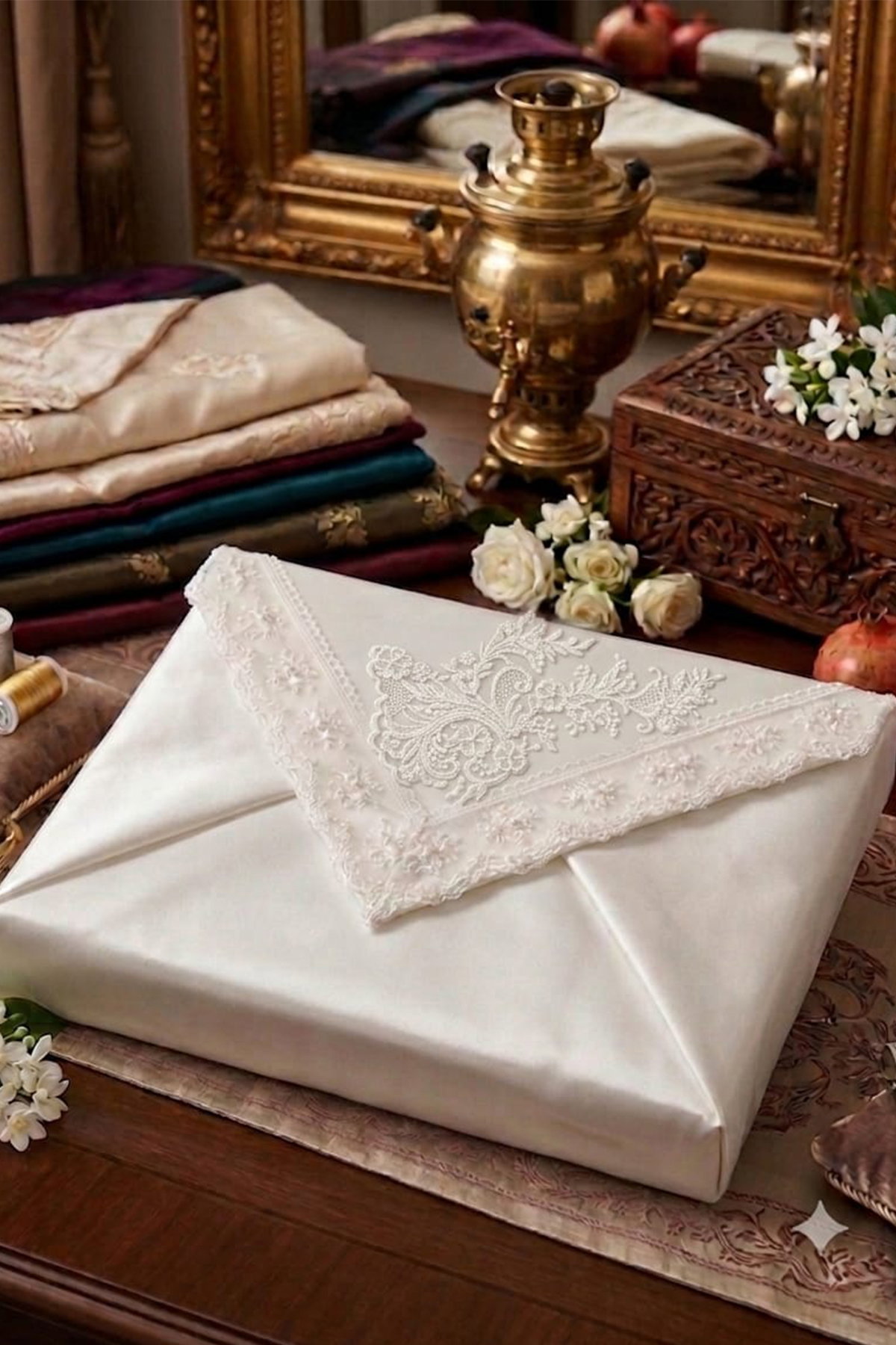 Müjgan Saten Lüks Nişan Bohçası 90x90 cm Krem - 1