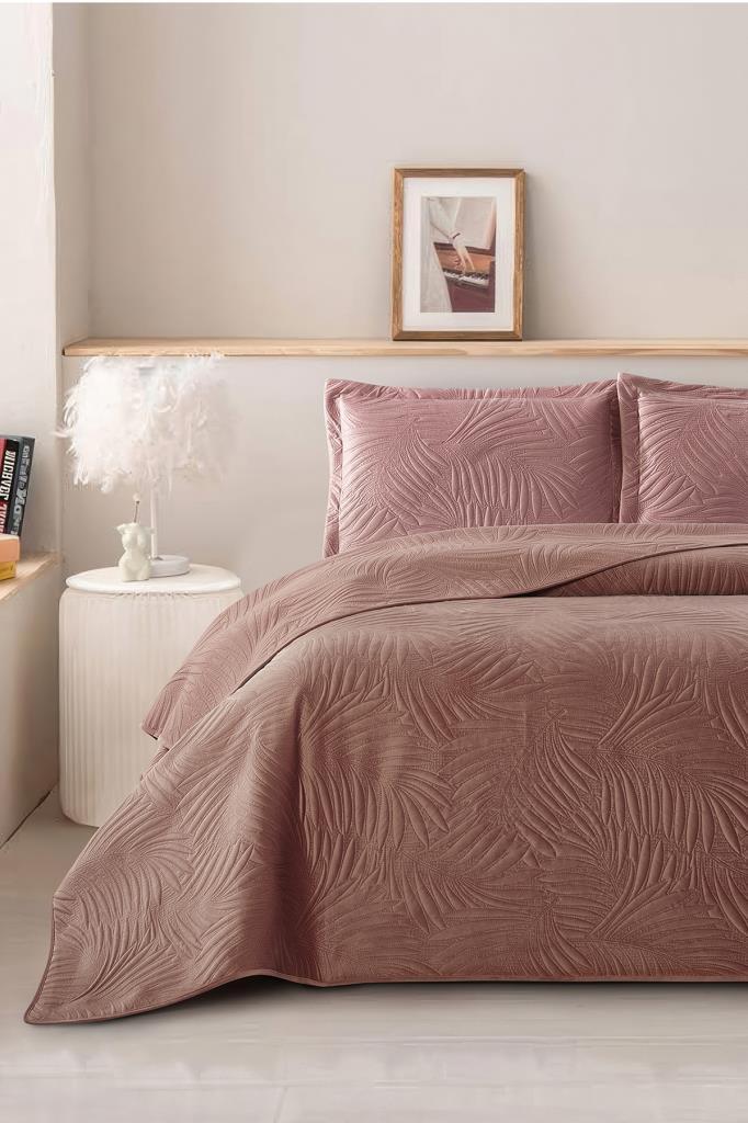 Münih Çift Kişilik Lüks Kadife 240x260 cm Yatak Örtüsü Gül Kurusu - 1