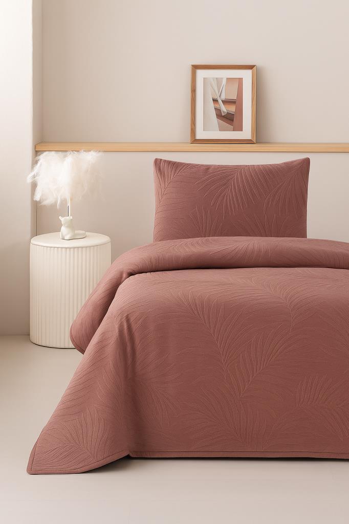 Münih Tek Kişilik Lüks Kadife 180x240 cm Yatak Örtüsü Gül Kurusu - 1