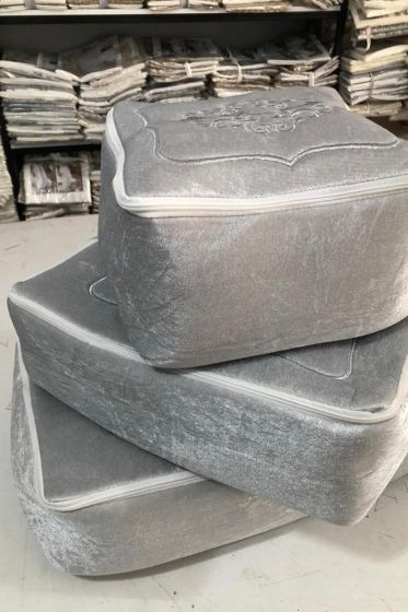 Nakışlı Kadife Fermuarlı Sünger 3lü Hurç Gri - Çeyiz Diyarı (1)