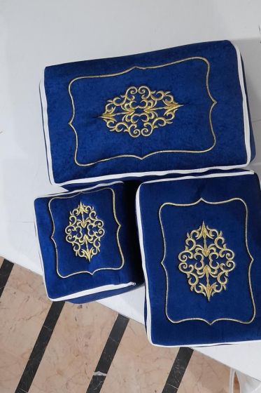 Nakışlı Kadife Fermuarlı Sünger 3lü Hurç Lacivert - Çeyiz Diyarı