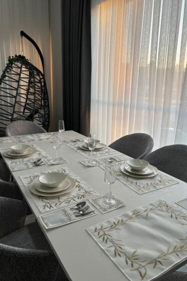 Nazlım Keten Nakışlı Amerikan Servis Takımı 19 Parça Gold - Çeyiz Diyarı